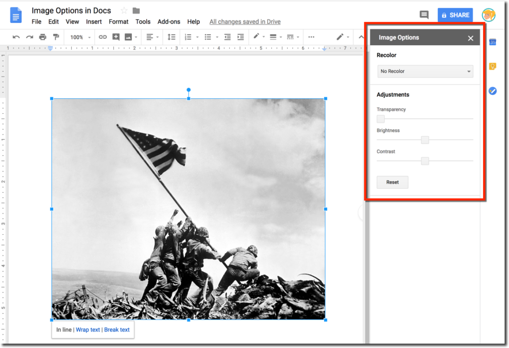 how to enlarge a picture on google docs