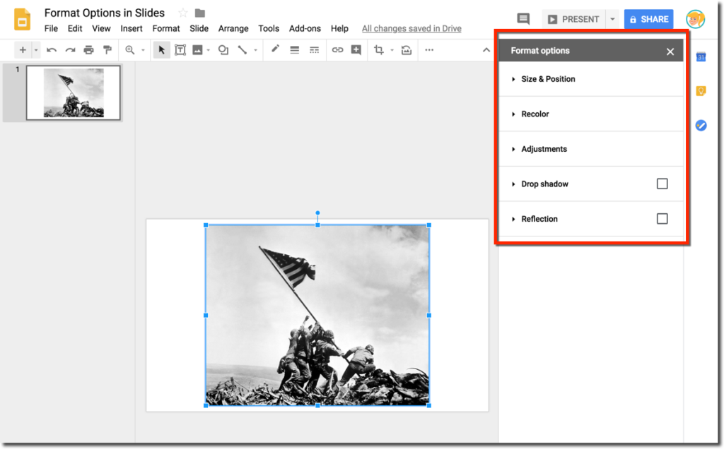 how to resize photos on google docs