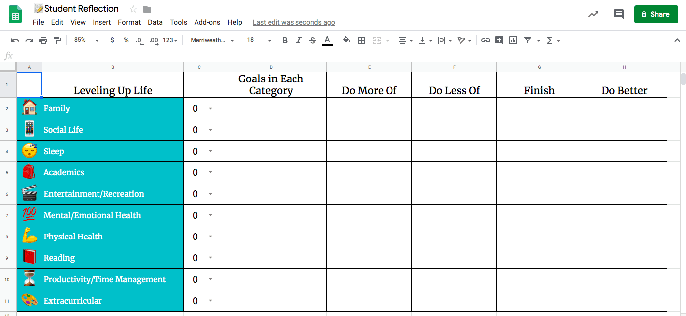 Google Sheets Goals Template