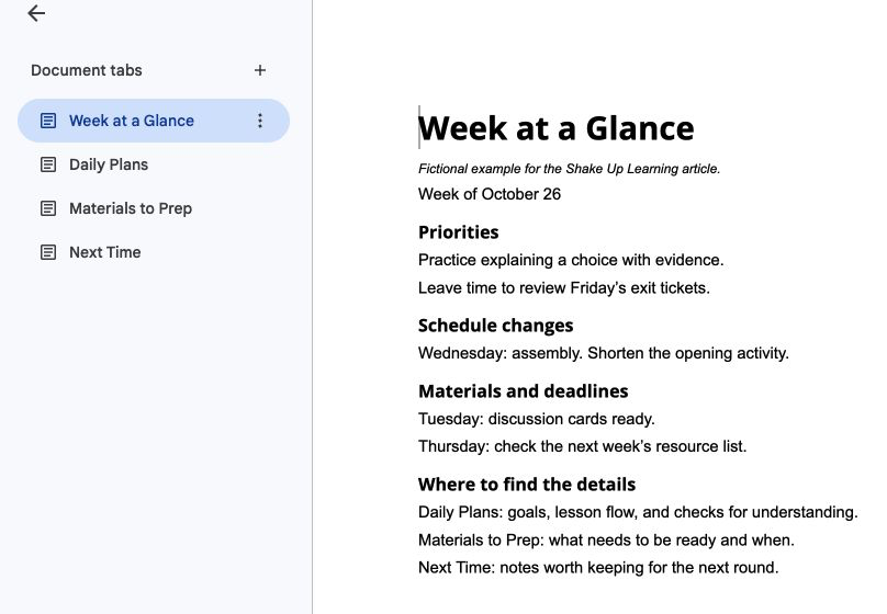 Weekly planner organized with tabs in Google Docs: Week at a Glance, Daily Plans, Materials to Prep, and Next Time.
