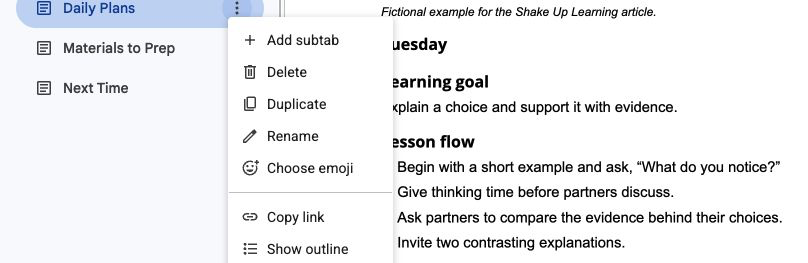 Options for tabs in Google Docs, showing Duplicate and Copy link for the Daily Plans tab.
