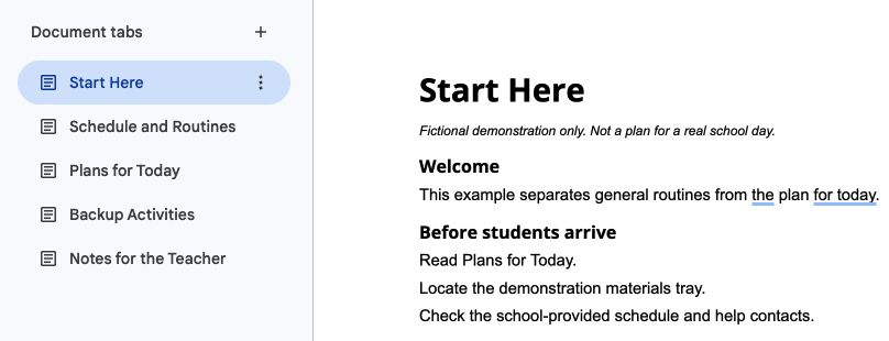 Substitute guide organized with tabs in Google Docs for routines, today’s plans, backup activities, and teacher notes.